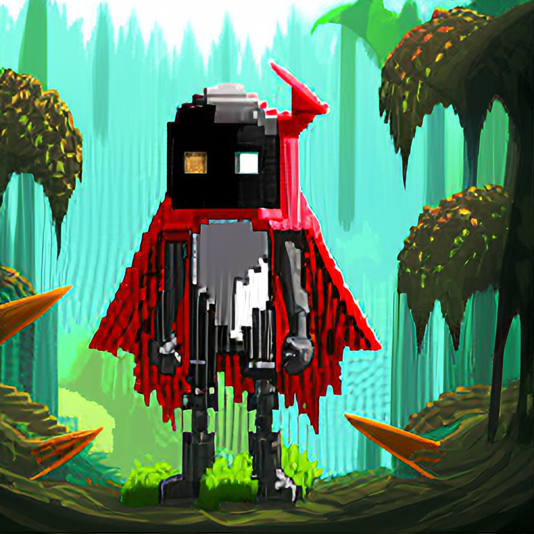 simple 2d pixel art character with a daft punk helmet and red cape, standing in a jungle, in the style of hollowknight