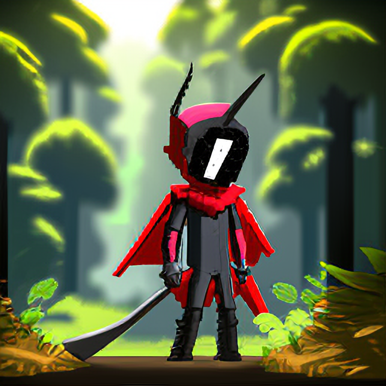 simple 2d pixel art character with a daft punk helmet and red cape, standing in a jungle, in the style of hollowknight