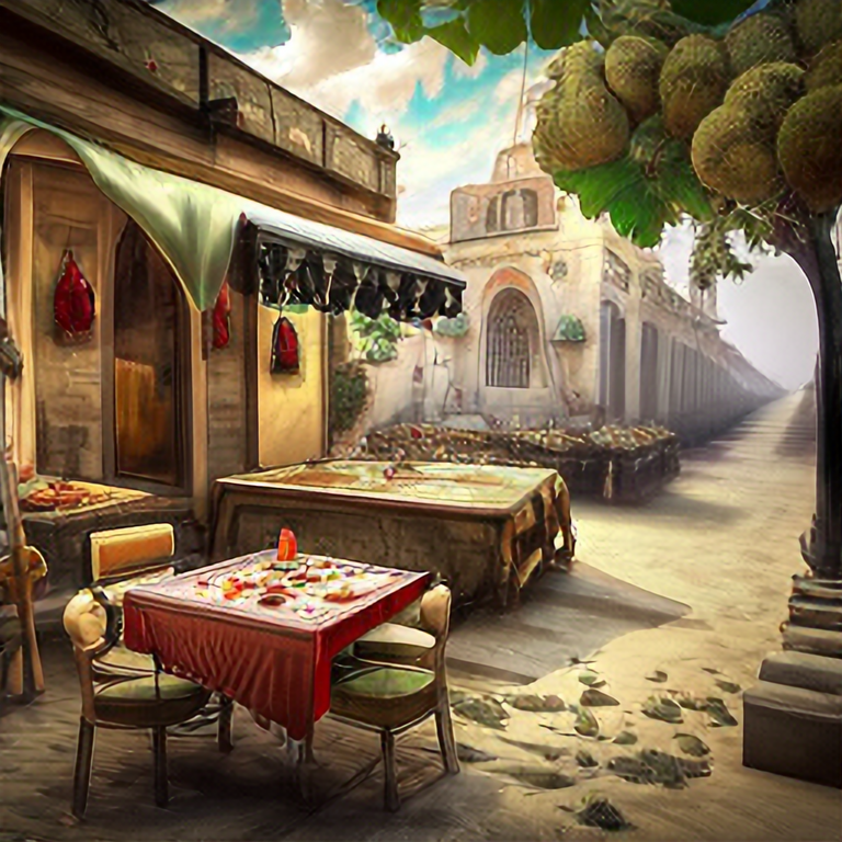 A traditional pizzeria in the street of a small village on the Riviera. A terrace in the shade of a hundred-year-old olive tree, a friendly atmosphere around pizzas and rosé wine. "Dolce Vita". Unreal engine rendering, hyper realist, ultra detailed, oil painting, warm colors, happy, impressionism, Da Vinci