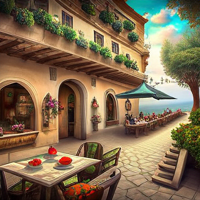 A traditional pizzeria in the street of a small village on the Riviera. A terrace in the shade of a hundred-year-old olive tree, a friendly atmosphere around pizzas and rosé wine. "Dolce Vita". Unreal engine rendering, hyper realist, ultra detailed, oil painting, warm colors, happy, impressionism, Da Vinci