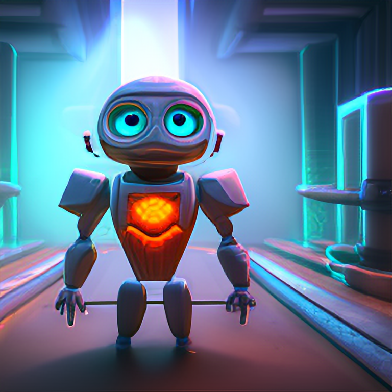 small robot, cute, pixar, unreal engine, tron, hyper detailed, volumetric lighting