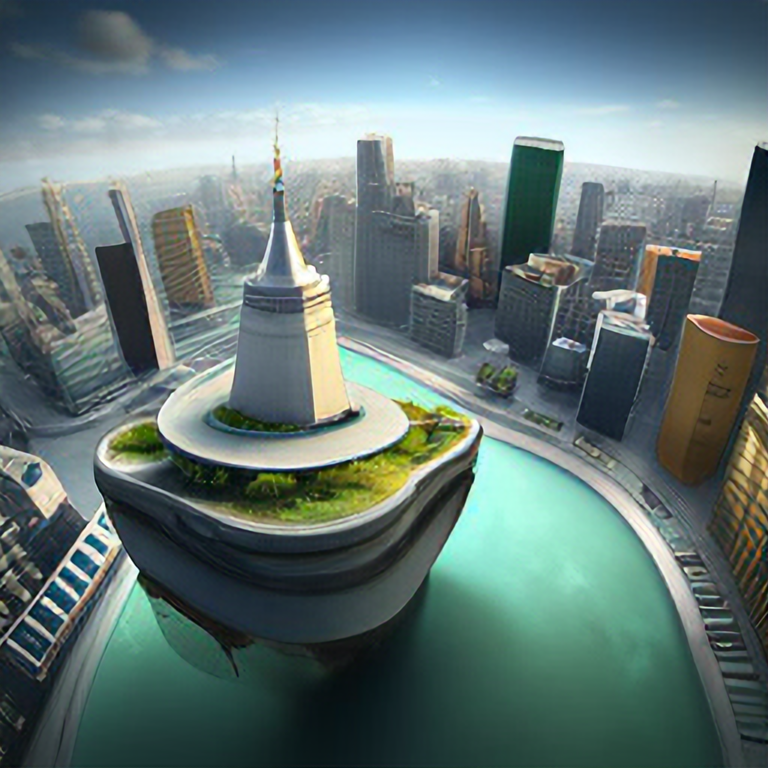 aerial view of a giant fish tank shaped like a tower in the middle of new york city, 8k octane render, photorealistic