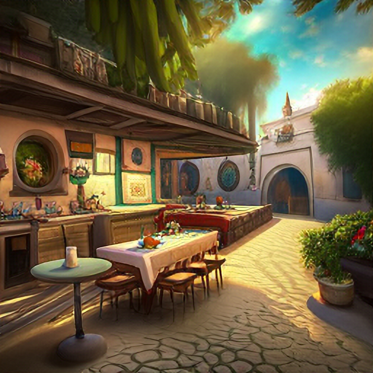 A traditional pizzeria in the street of a small village on the Riviera. A terrace in the shade of a hundred-year-old olive tree, a friendly atmosphere around pizzas and rosé wine. "Dolce Vita". Unreal engine rendering, hyper realist, ultra detailed, oil painting, warm colors, happy, impressionism, Da Vinci