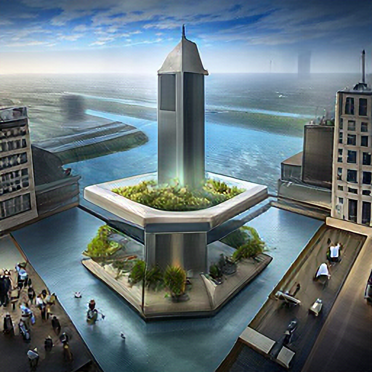 aerial view of a giant fish tank shaped like a tower in the middle of new york city, 8k octane render, photorealistic