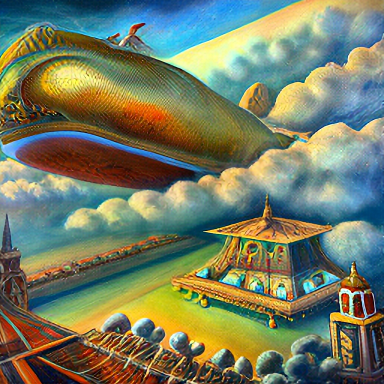 oil painting of zeppelin floating above the clouds, art deco style, warm tones, saturated colors, intricate details, featured on artstation, masterpiece, 8k, by Jean Dunand, Ossip Zadkine, Achille Mauzan