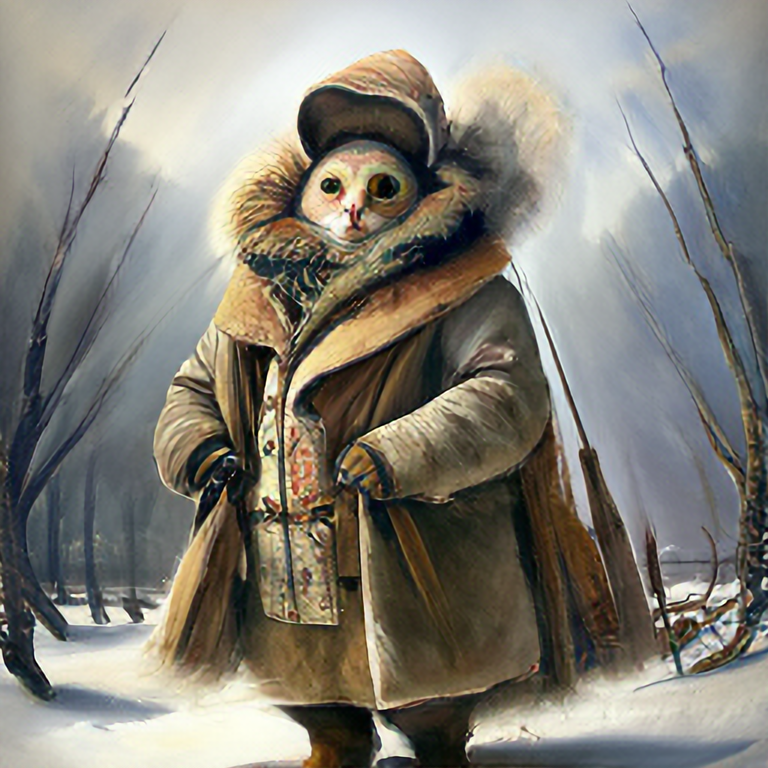 painting by jean - baptiste monge of a small fat Rabbit adventurer dressed in a warm overcoat with survival gear on a winters day with snow, , jean - baptiste monge , anthropomorphic