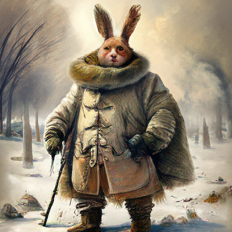 painting by jean - baptiste monge of a small fat Rabbit adventurer dressed in a warm overcoat with survival gear on a winters day with snow, , jean - baptiste monge , anthropomorphic