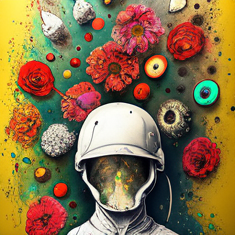 detailed astronaut with flowers explosion helmets::3 anatomical drawing::1 dripping paint::1 coquelicot color::1 dof