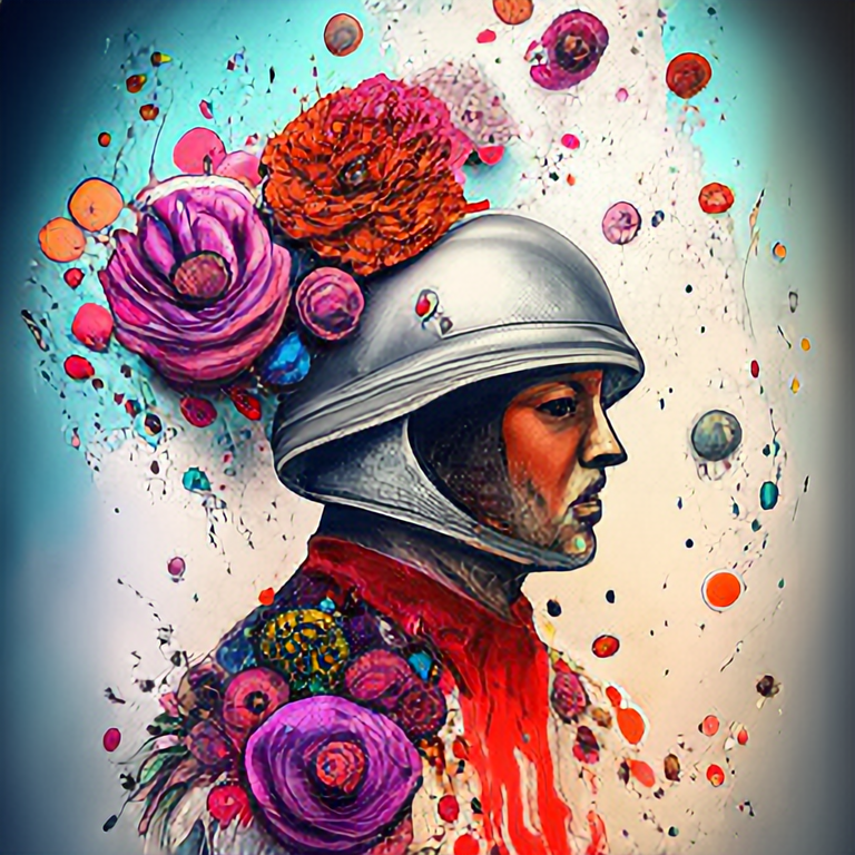 detailed astronaut with flowers explosion helmets::3 anatomical drawing::1 dripping paint::1 coquelicot color::1 dof