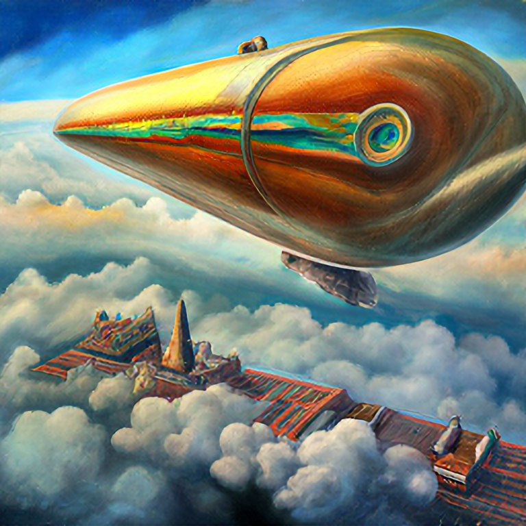 oil painting of zeppelin floating above the clouds, art deco style, warm tones, saturated colors, intricate details, featured on artstation, masterpiece, 8k, by Jean Dunand, Ossip Zadkine, Achille Mauzan