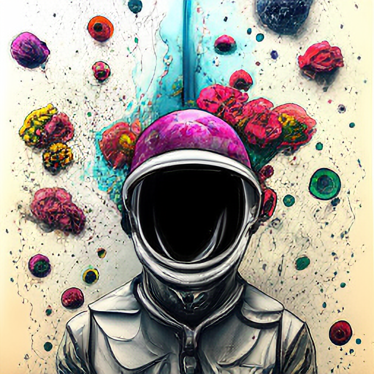 detailed astronaut with flowers explosion helmets::3 anatomical drawing::1 dripping paint::1 coquelicot color::1 dof