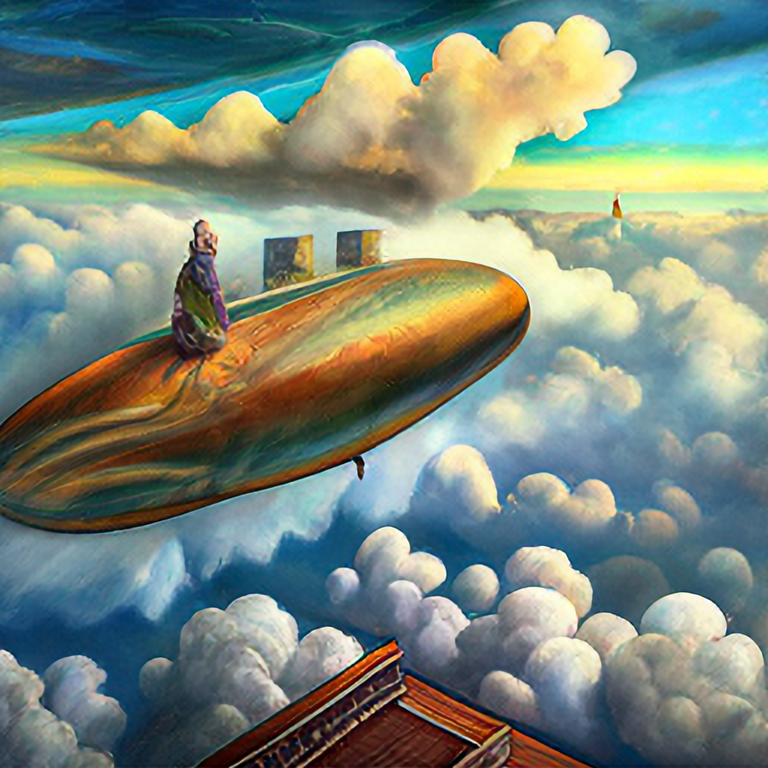 oil painting of zeppelin floating above the clouds, art deco style, warm tones, saturated colors, intricate details, featured on artstation, masterpiece, 8k, by Jean Dunand, Ossip Zadkine, Achille Mauzan