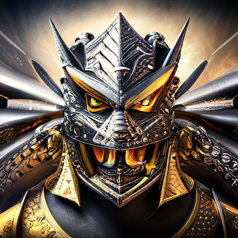 high-resolution digital art of dragon fighter, detail robot type, brave face, gold and black metal body, illustration design, fantasy, cinematic lighting