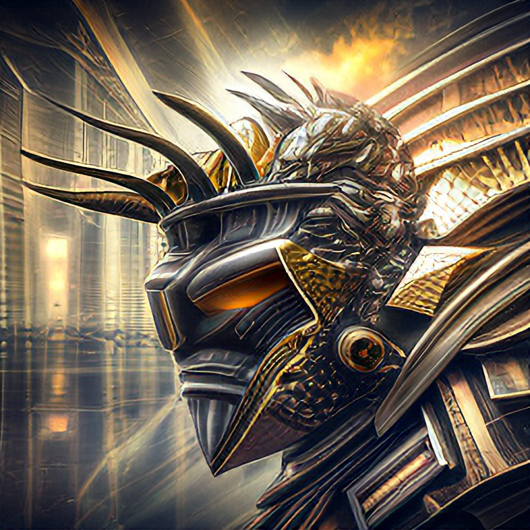 high-resolution digital art of dragon fighter, detail robot type, brave face, gold and black metal body, illustration design, fantasy, cinematic lighting