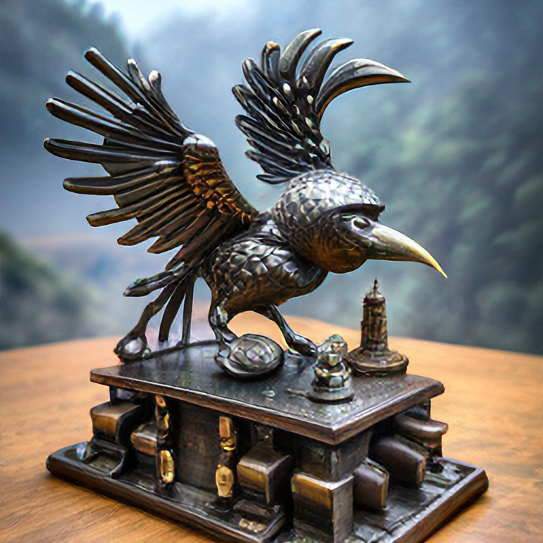 bronze metal raven, magical automaton, intricate details