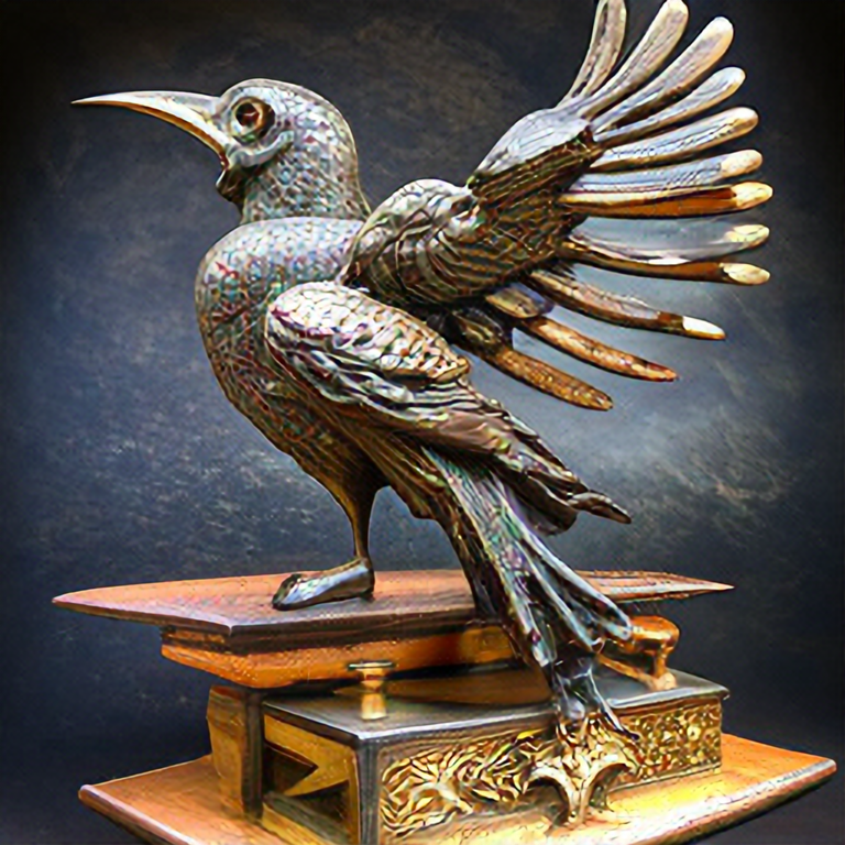 bronze metal raven, magical automaton, intricate details