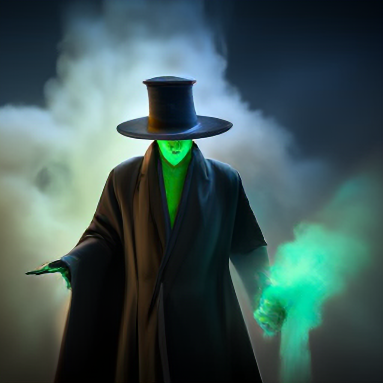 magician with a black cape and leather coat, mystical, staff with an orb, whirling green fog, 4 k, cinematic lighting