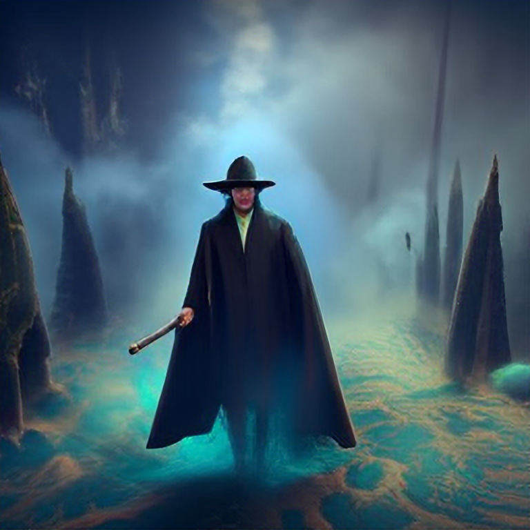 magician with a black cape and leather coat, mystical, staff with an orb, whirling green fog, 4 k, cinematic lighting