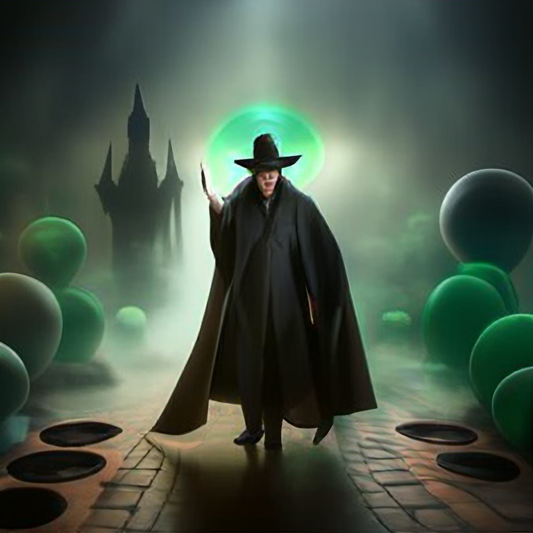 magician with a black cape and leather coat, mystical, staff with an orb, whirling green fog, 4 k, cinematic lighting