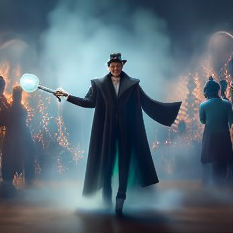 magician with a black cape and leather coat, mystical, staff with an orb, whirling green fog, 4 k, cinematic lighting