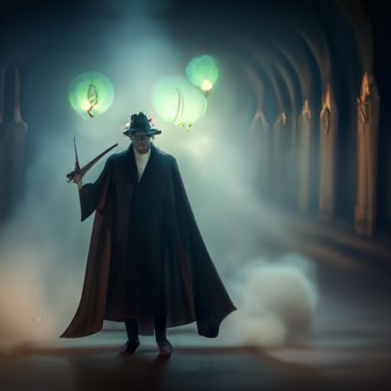 magician with a black cape and leather coat, mystical, staff with an orb, whirling green fog, 4 k, cinematic lighting