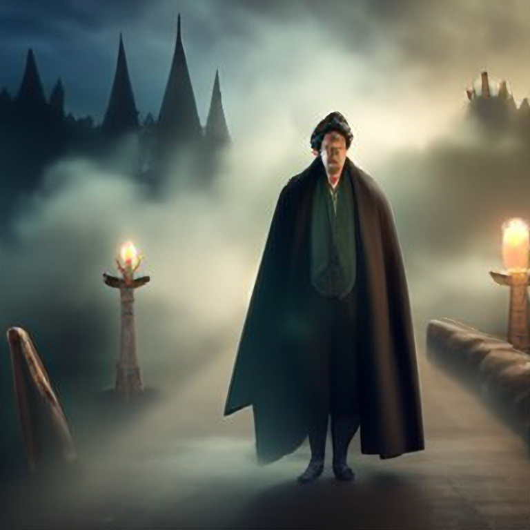 magician with a black cape and leather coat, mystical, staff with an orb, whirling green fog, 4 k, cinematic lighting