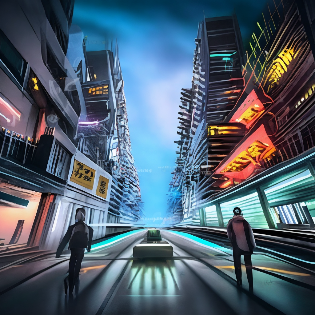 A futuristic Japanese City at Night Picture From Below, Octane Render Fantasy, Nobody in the Streets Photorealistic. deep twilight, neon in the sky.