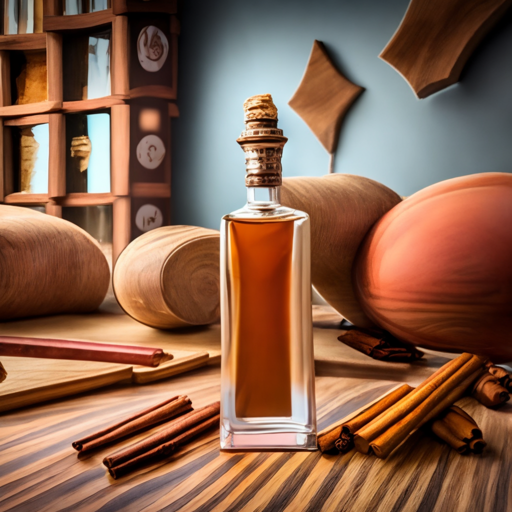A bottle of perfume with cinnamon and wood notes inside
