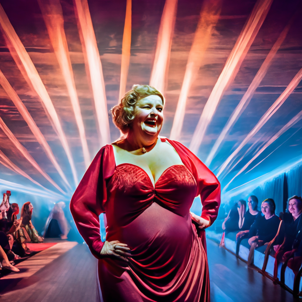 elderly full-figured burlesque dancer in red dress, smiling, on stage, overhead lights, canon photography