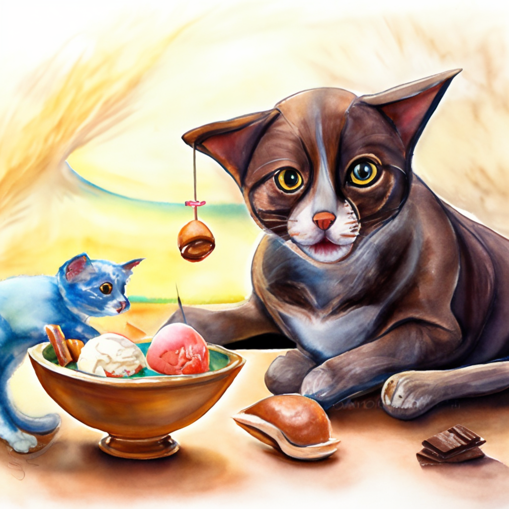 a playful calico cat and a tiny chocolate lab puppy enjoying a shared bowl of coconut ice cream, watercolor