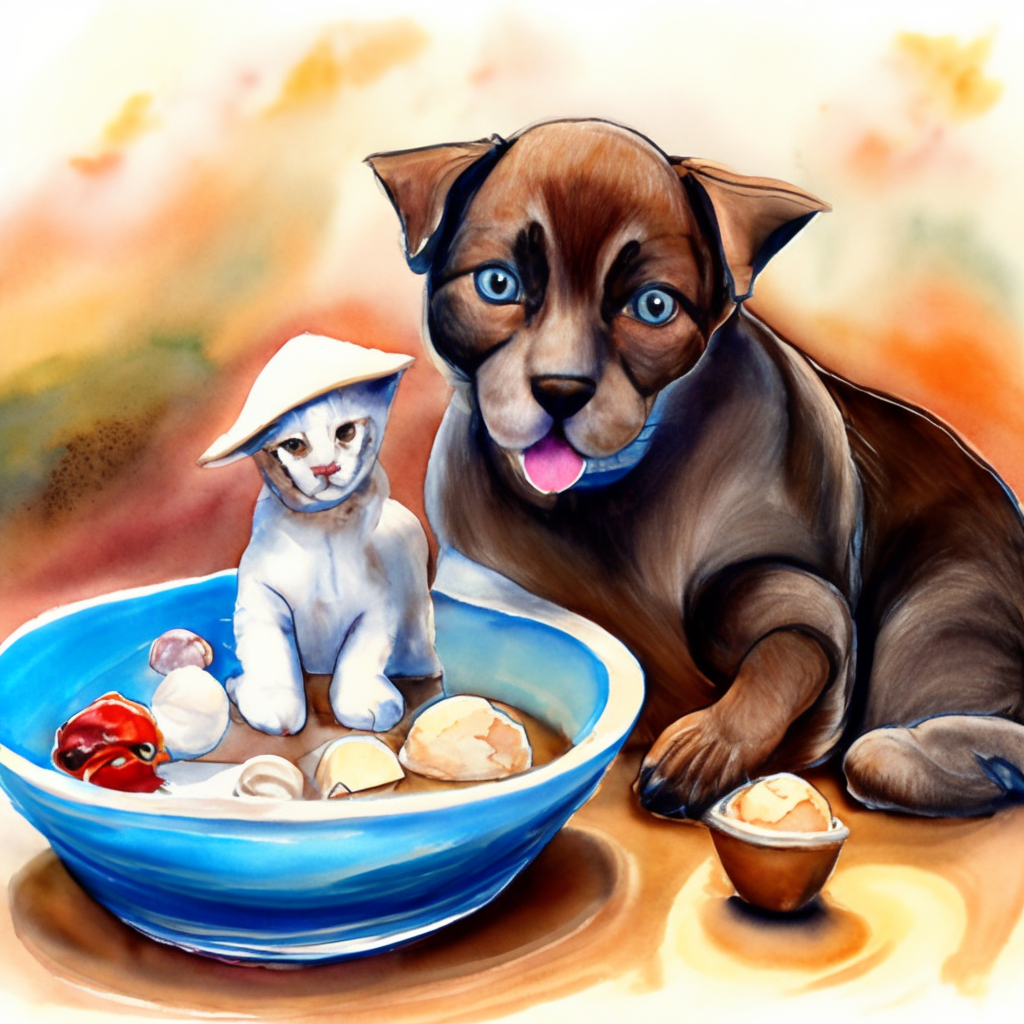 a playful calico cat and a tiny chocolate lab puppy enjoying a shared bowl of coconut ice cream, watercolor