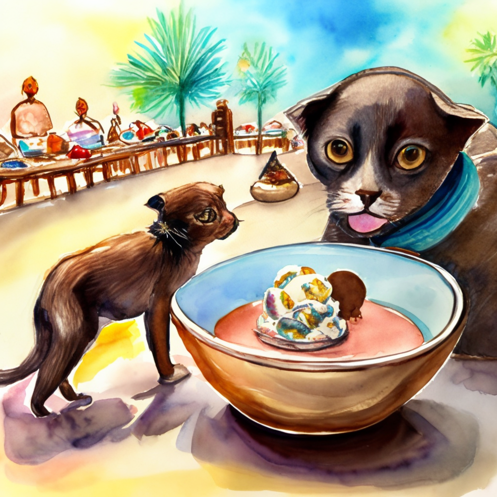 a playful calico cat and a tiny chocolate lab puppy enjoying a shared bowl of coconut ice cream, watercolor