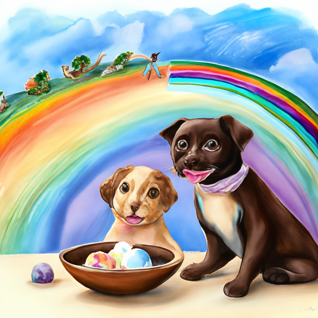 a playful calico cat and an adorably cute chocolate lab puppy enjoying a shared bowl of coconut ice cream under a rainbow, watercolor