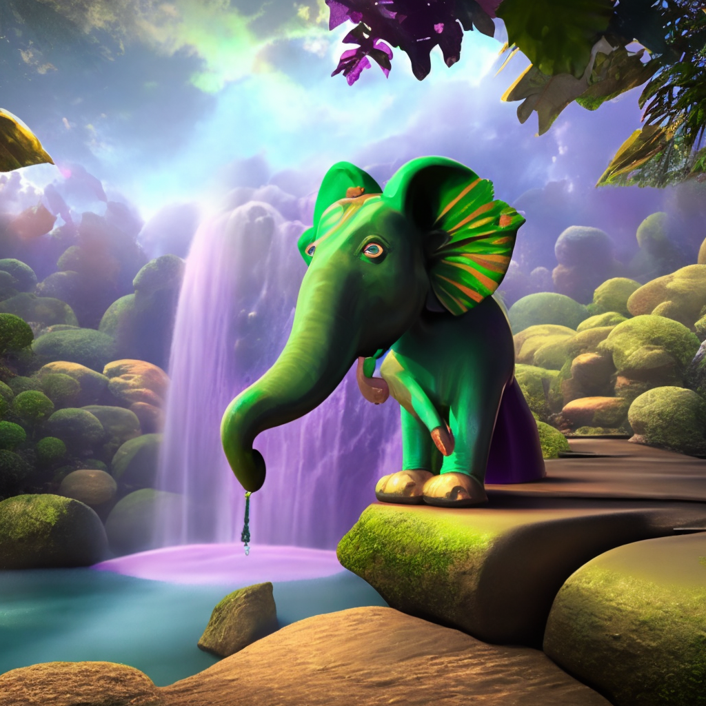 a small green elephant wearing jewelry under a purple waterfall, painted, 8k, 35mm, octane render, with a sun in the sky