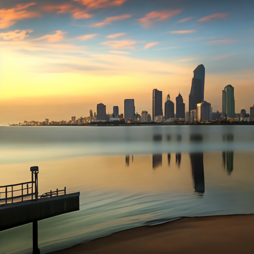 City skyline across the water at sunset