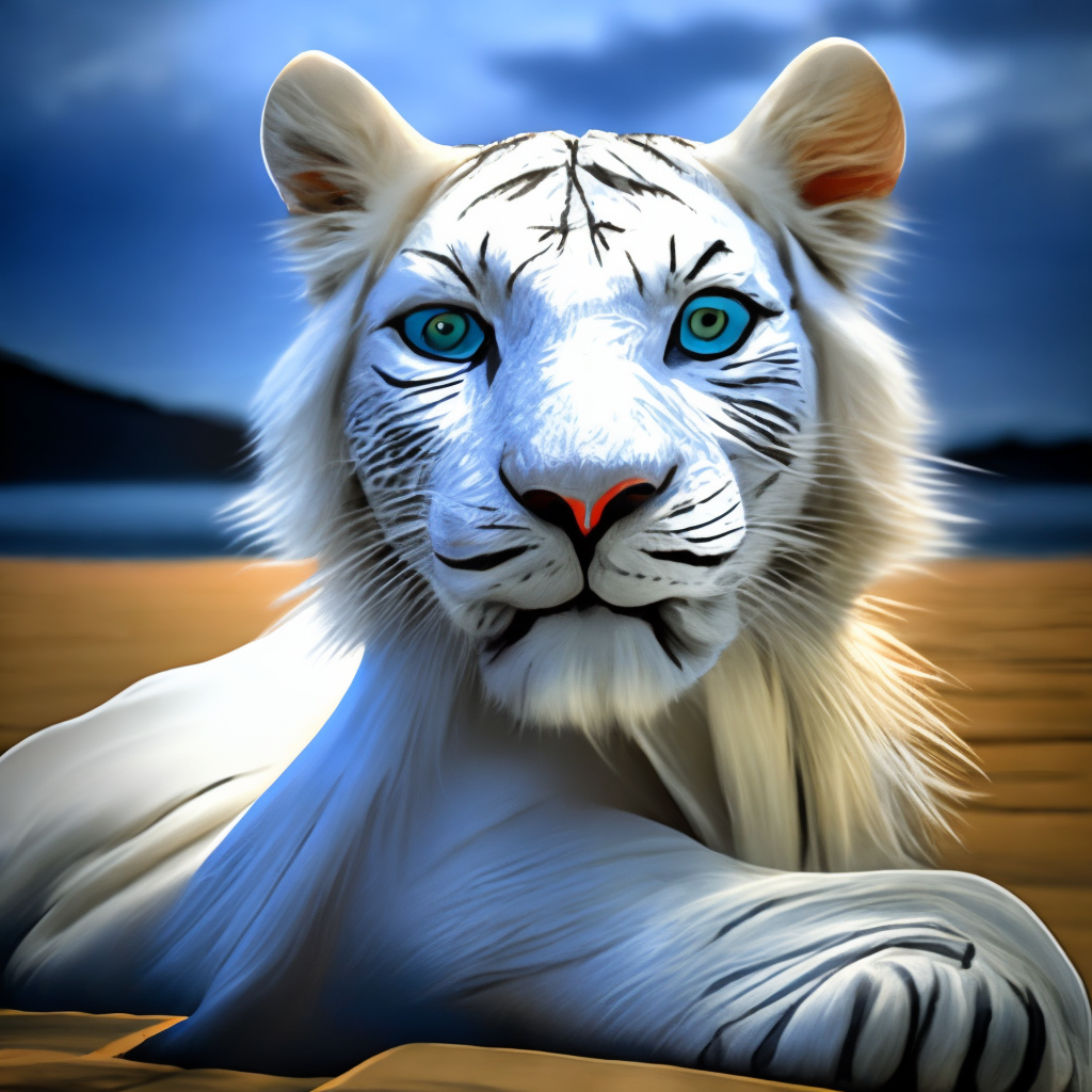 Whit tiger with blue eyes changes in to a white lion with red eyes