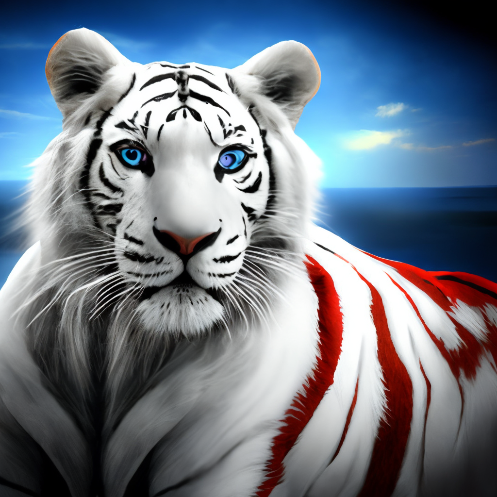 Whit tiger with blue eyes changes in to a white lion with red eyes