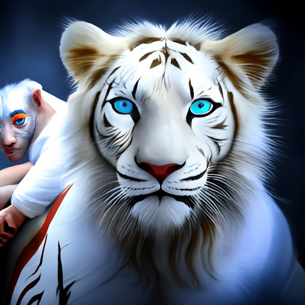 Whit tiger with blue eyes changes in to a white lion with red eyes