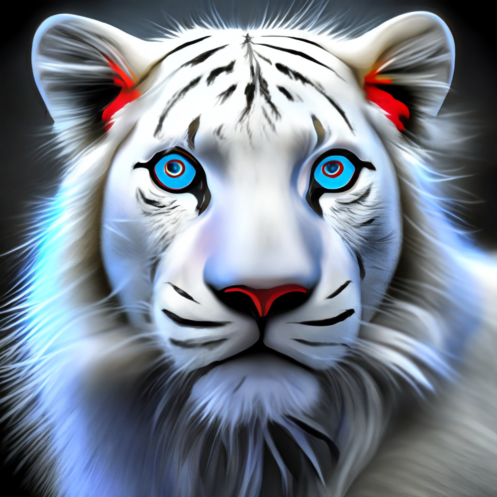 Whit tiger with blue eyes changes in to a white lion with red eyes