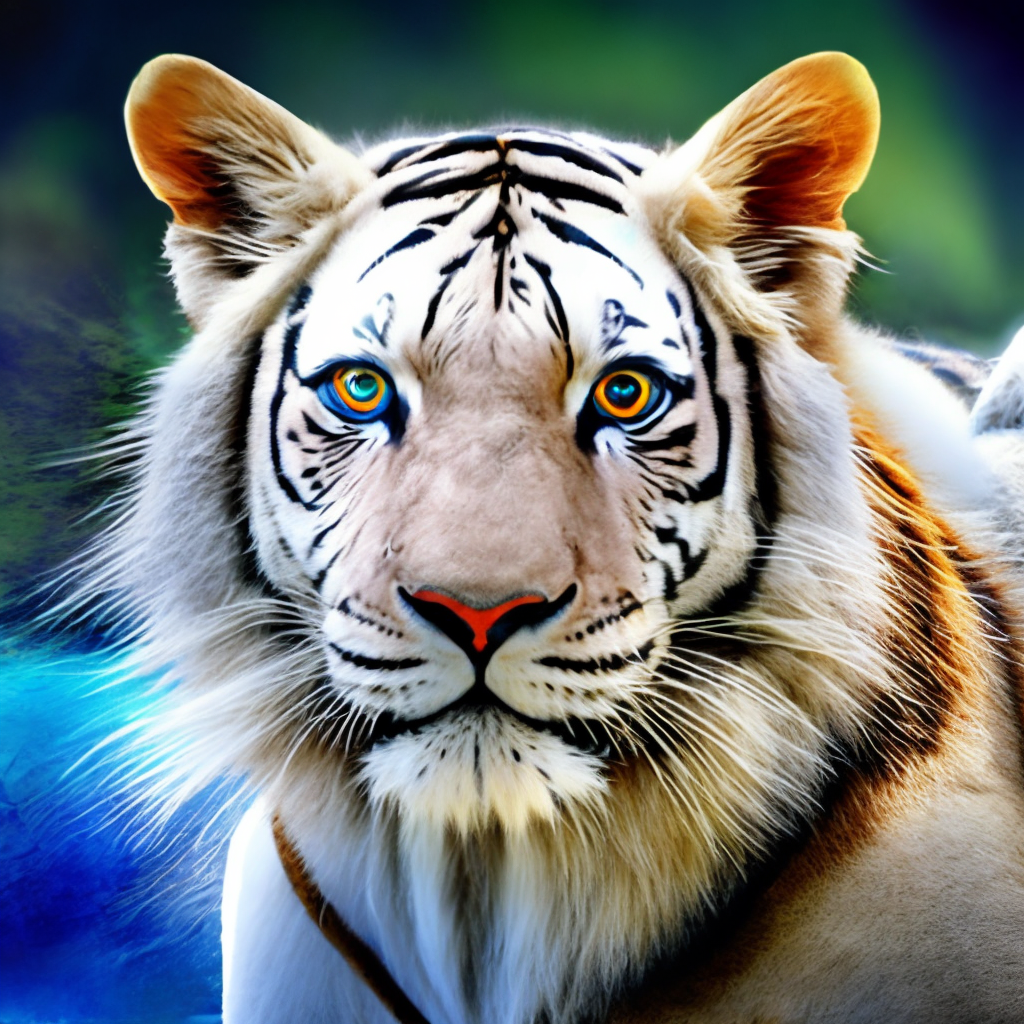 Whit tiger with blue eyes changes in to a white lion with red eyes