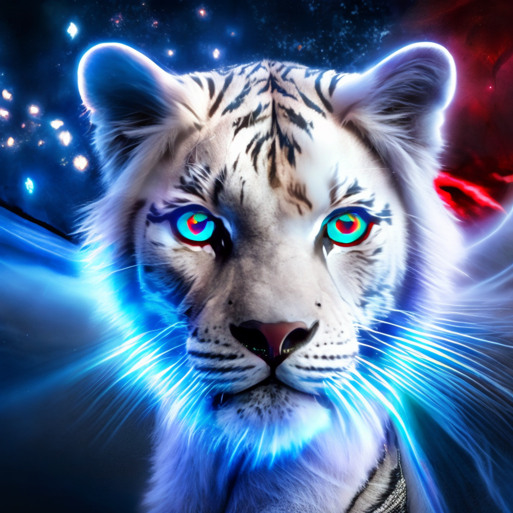 Whit tiger with blue eyes changes in to a white lion with red eyes