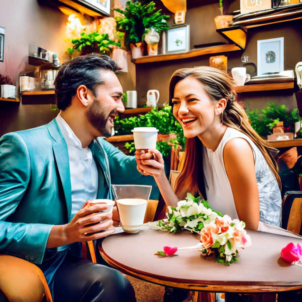 A loving couple drinking coffee and laughing at the beautiful Café with flowers