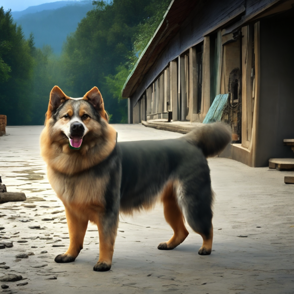 A dog in beautiful Ganden, with some mountains in the background. add some mountains