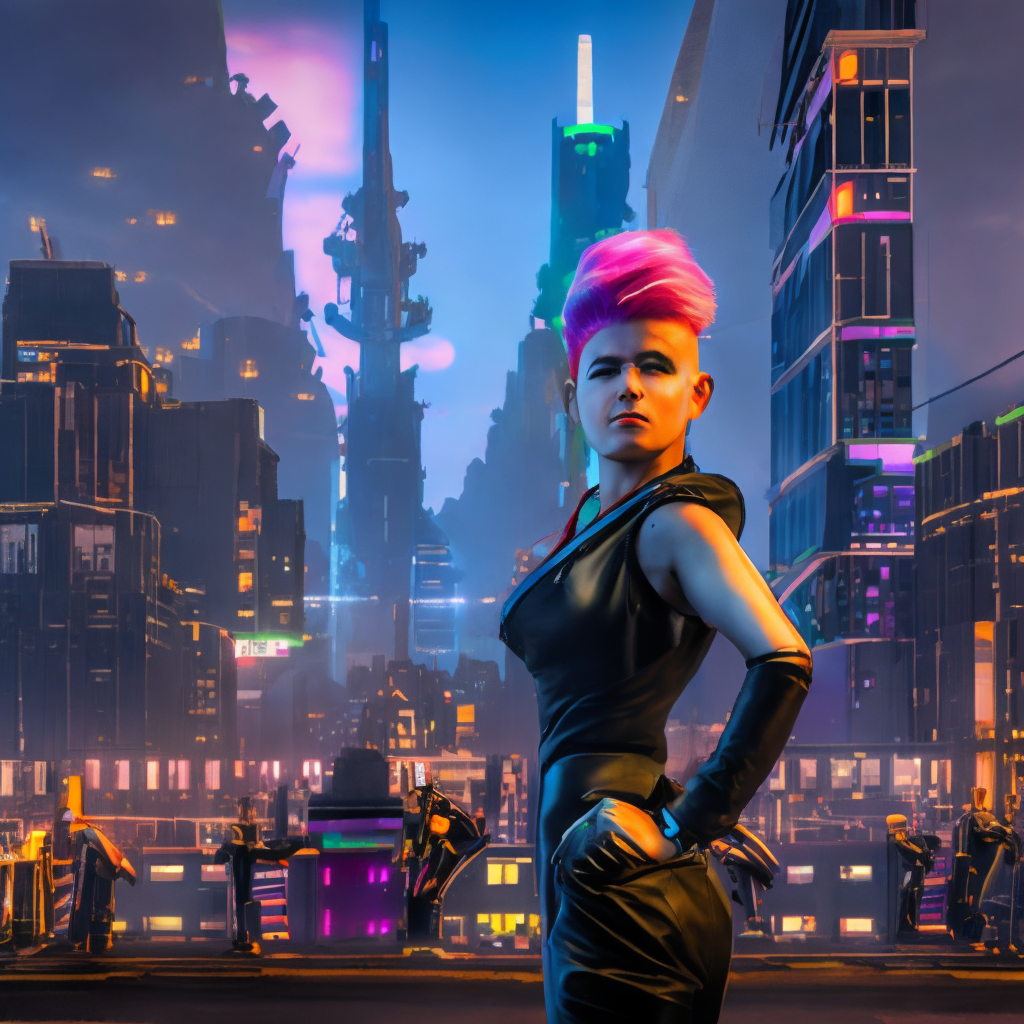 A fierce-looking woman with a short cyber-punk pink Mohawk and glowing cybernetic eye, stands tall in a dark leather outfit and boots, her arms folded in front of her chest. In the background, a gigantic Gundam looms over the blurred cityscape, its lights illuminating the surrounding buildings - ar 3:2 - v 4 - q 2. have the cybernetic eye glow in the dark