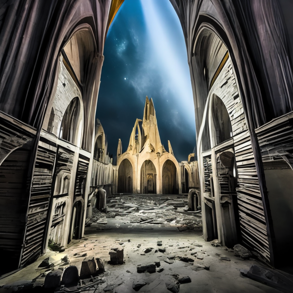 inside the ruins of a cathedral at night under a starry skyruins
