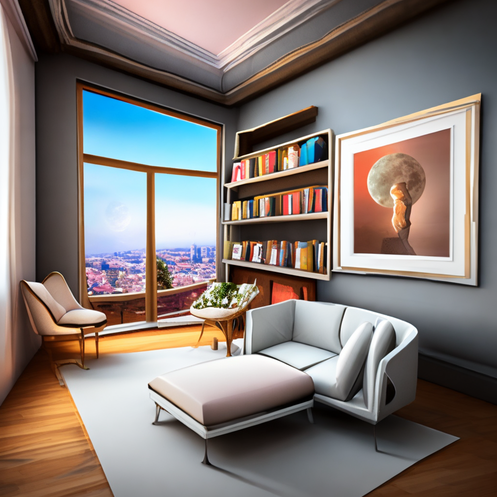 A luxurious bedroom with a plush sofa, a bookshelf in the corner, and a large French window, rendered in a 3D generative style with a Moonwalk Oil color by Benjamin Moorel tone, and framed with mock-up posters and canvas.

