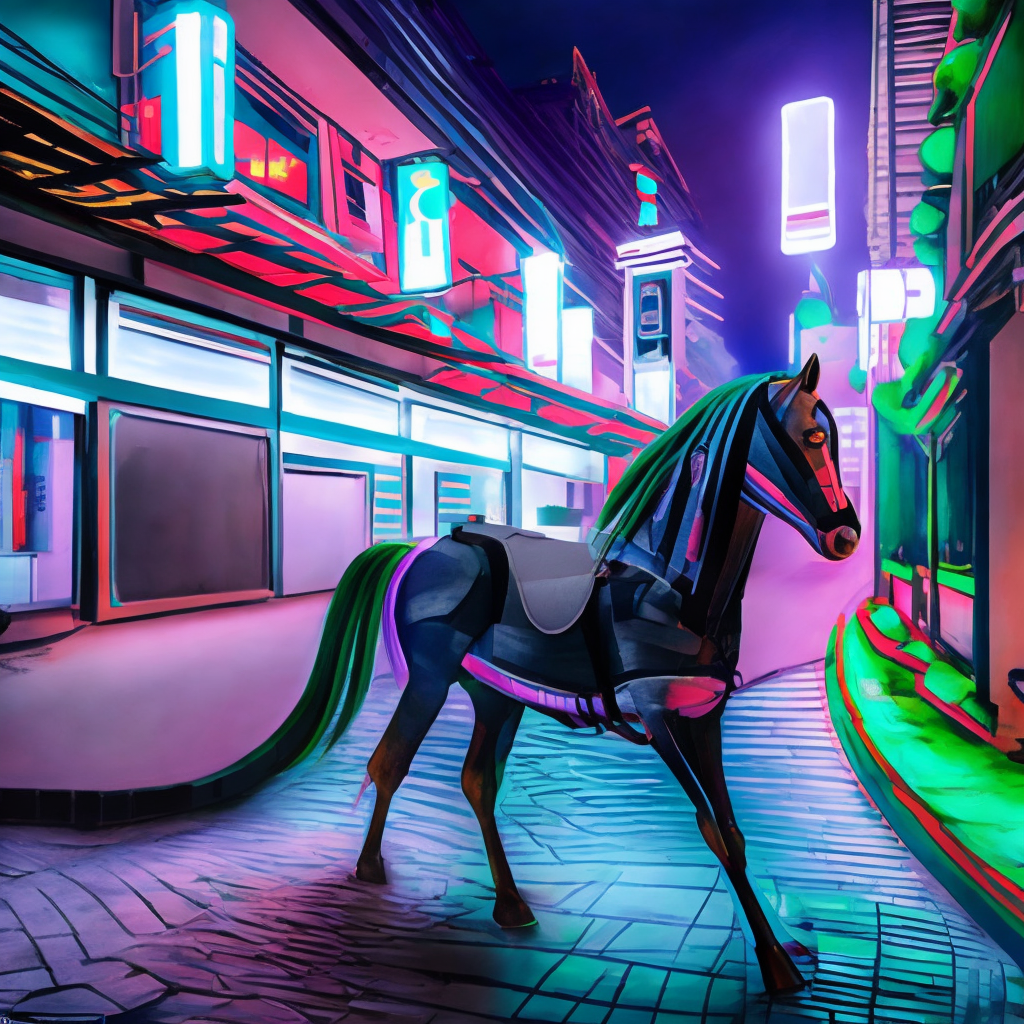 a futuristic horse in a futuristic japanese street with gowy neons at night