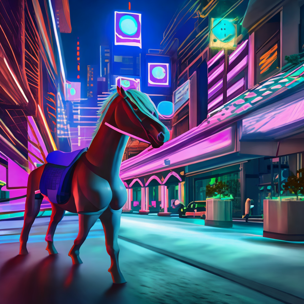 a futuristic horse in a futuristic japanese street with glowy neons at night photorealistic