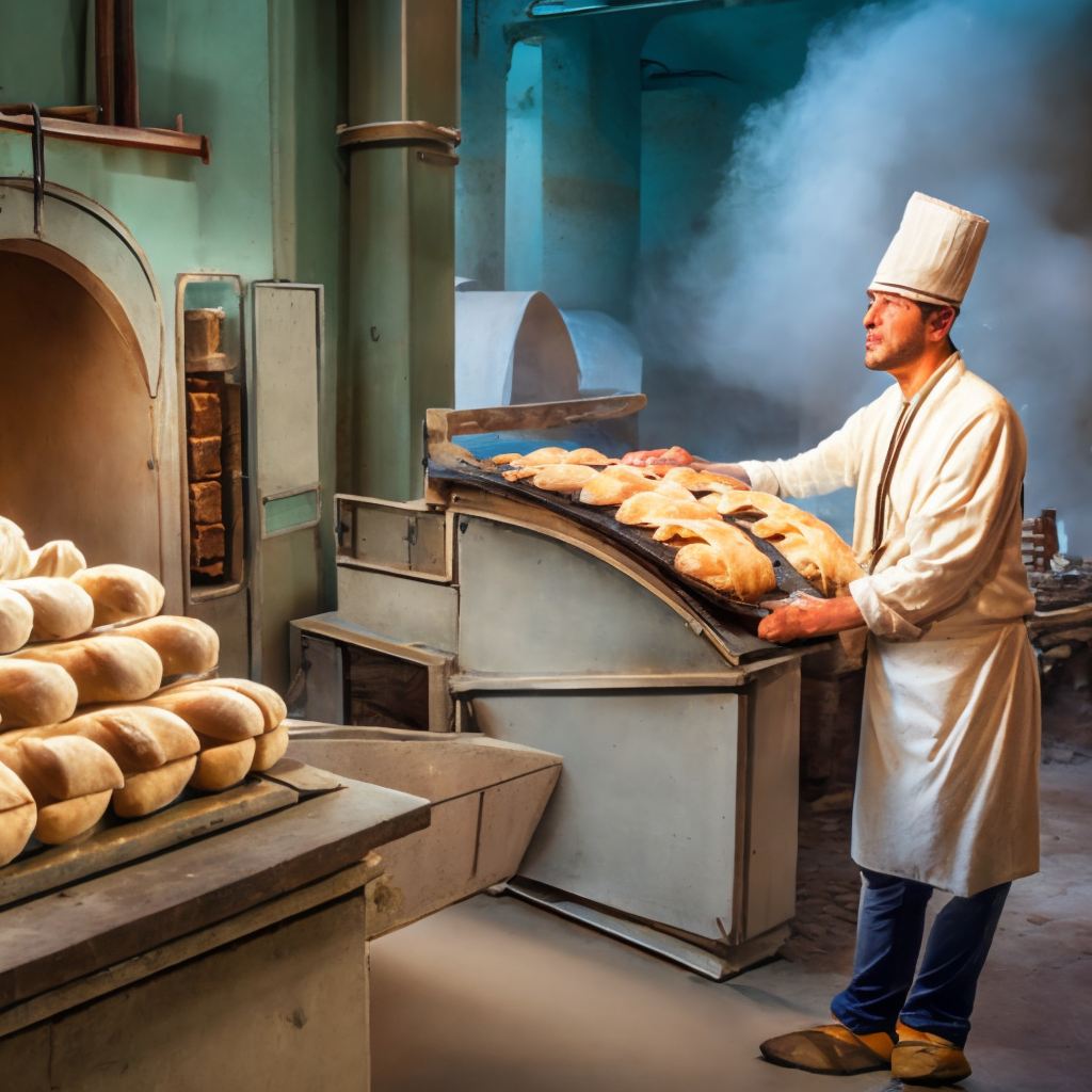 Industrialization changes the lehow from the artisanal oven to the modern skyline. The baker very happy for his achievementns to show the aerial view of the city. Change the lehow it goes from the artisanal oven to industrialization, the baker very happy for his achievementns to show the aerial view of the city