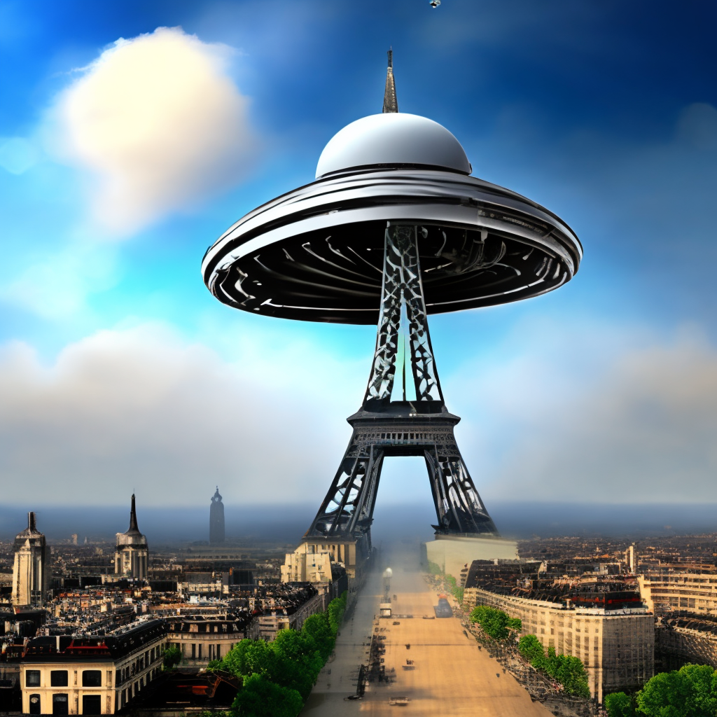 ufo flying over eiffel tower